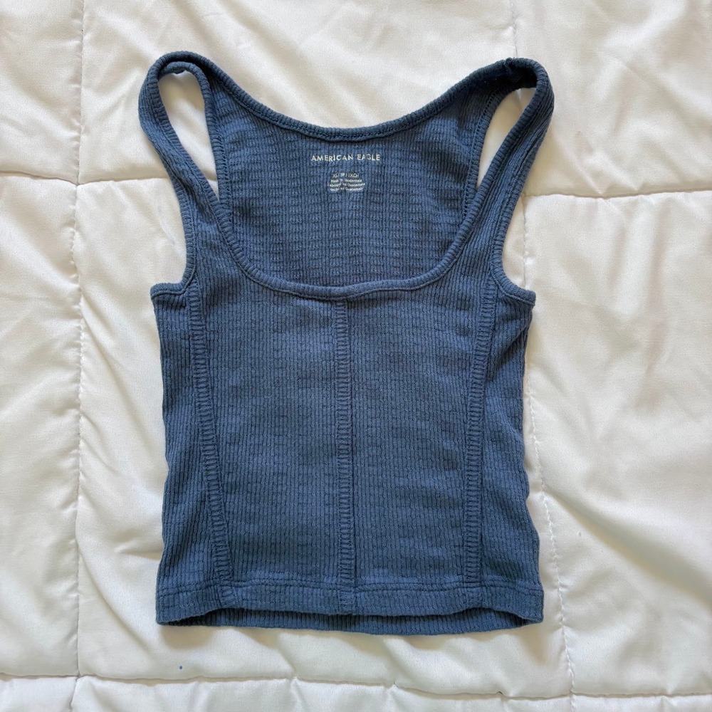American Eagle Ribbed Corset Seam Tank Top Blue XS Sleeveless Crop Cotton Blend
